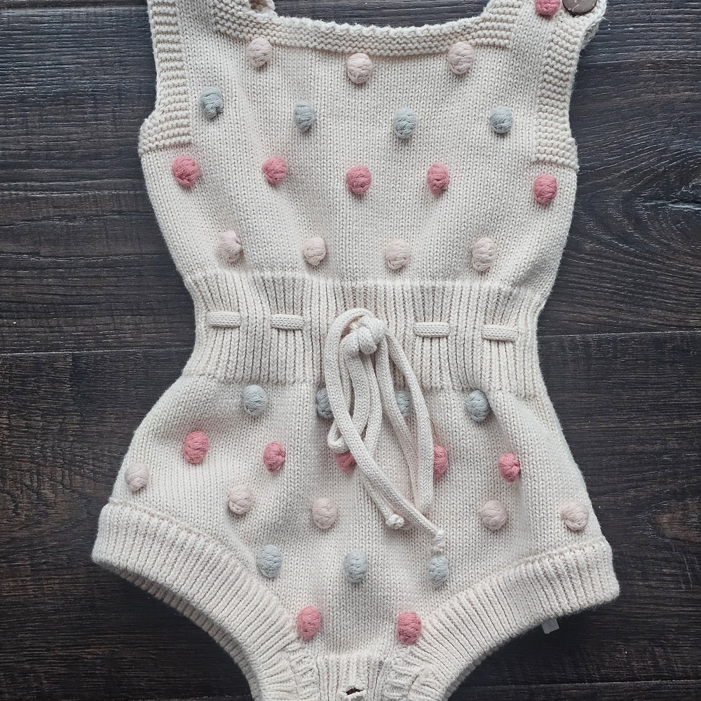 Adorable Knit Romper with Pom Poms